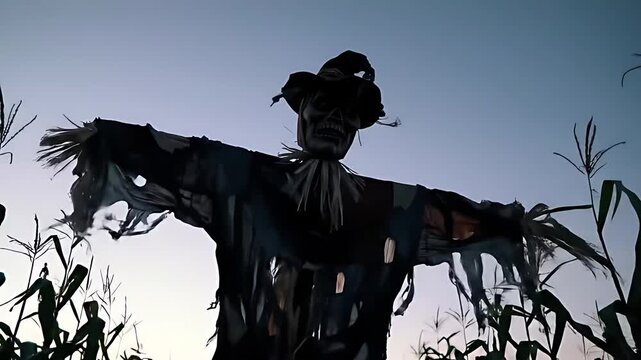 Low angle view of a terrifying scarecrow in a costume, standing motionless in a cornfield at twilight, silhouetted ominously against the darkening sky.