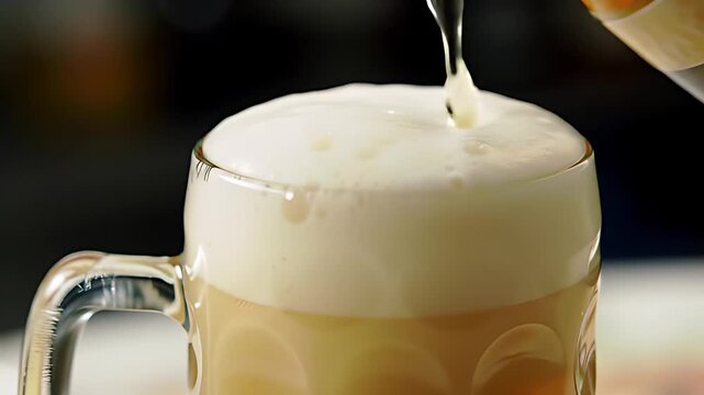 Golden German lager beer, a liter ma stein overflowing with thick, creamy foam head, is poured perfectly in an extreme close-up shot.