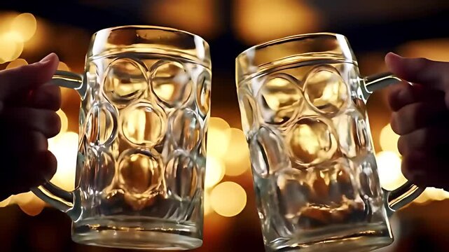 Heavy dimpled glass beer steins clinking in a festive Prost toast, with a blurred beer tent creating beautiful bokeh effects.