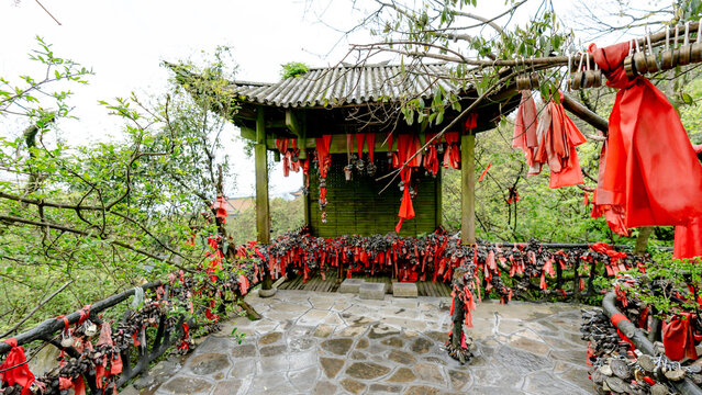 Wish Ribbons and Padlocks in Pavilion at Tianjie Foguo Area, China