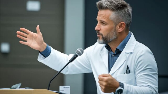 Medical expert discusses recent advancements in healthcare during a professional seminar at a conference center