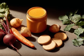 Organic spread with vegetables and biscuits under soft light
