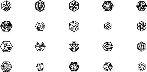 Collection of black hexagonal geometric logos with nature and abstract designs