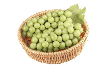 Fresh Green Grapes in Wicker Basket with Leaf on White Background