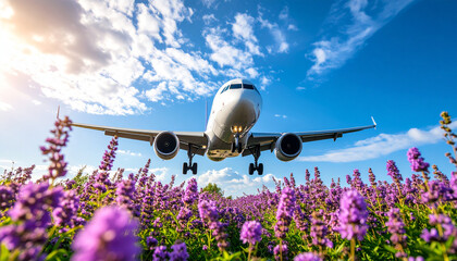 Airplane Flying Low Over Blooming Field with Purple Flowers &ndash; AI Generated