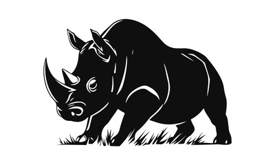 Rhino vector illustration, strong wild animal design, black and white rhinoceros graphic, safari beast logo, horned mammal art