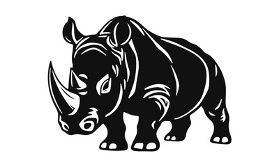 Rhino vector illustration, strong wild animal design, black and white rhinoceros graphic, safari beast logo, horned mammal art
