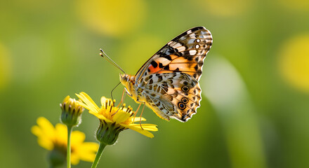 Naklejka premium Painted Lady Butterfly Delighting on a Yellow Flower in a Field