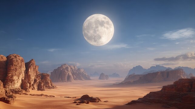 Stunning desert landscape under a bright full moon illuminating the rugged terrain and serene sand dunes during twilight hours