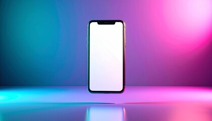 Sleek mobile device with a blank white screen floating in a vibrant studio setting, illuminated by captivating neon lights and reflective surfaces