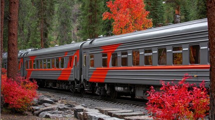 Obraz premium Train travels through colorful autumn foliage showcasing vibrant red and orange leaves in a picturesque forest setting