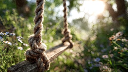 Obraz premium Close-up of a rustic wooden swing with a rope knot.