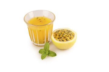 Fresh Golden Passion Fruit Juice with Mint on White Background