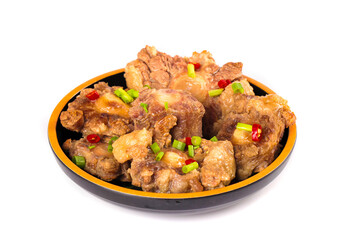 Braised Beef Oxtail Stew with Scallions and Peppers in Yellow Rimmed Bowl