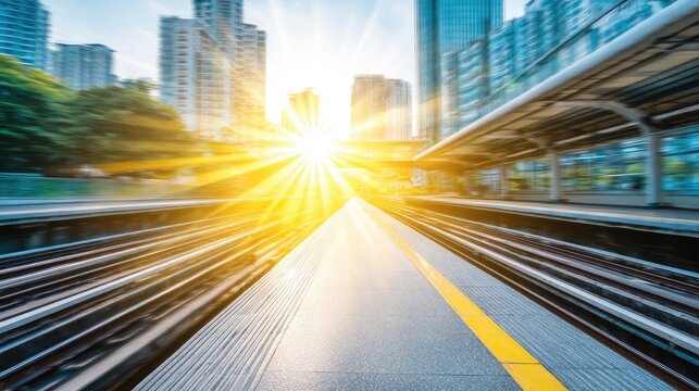 Bright sunlight illuminating a busy urban train station during the early morning rush hour with skyscrapers in the background - Powered by Adobe