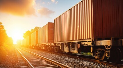 Obraz premium Colorful sunset illuminates freight train traveling along railway tracks bordered by lush trees in a serene landscape