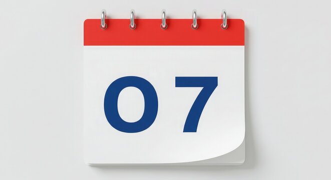 Crisp white calendar page showcasing the bold blue number 07 with a vibrant red header, perfect for scheduling, planning, and deadline reminders.