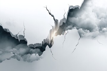 Fractured white surface reveals a dark, cloudy chasm, with a sunbeam illuminating the opening