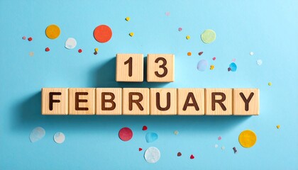 Wooden Blocks with Date 13 February. Calendar for birthday or anniversary on solid colored background with confetti
