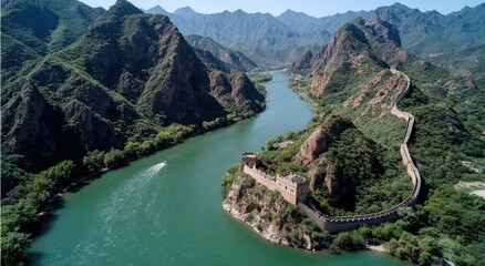 River, mountains, Great Wall