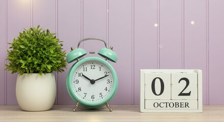 A light blue alarm clock, a potted plant, and a wooden block calendar showing October 2nd, all sitting on a wooden shelf against a purple wall.
