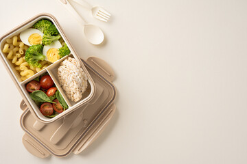 Nutritious lunch box featuring hard-boiled eggs, fresh vegetables, macaroni, and rice cake