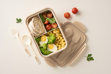 A nutritious lunchbox featuring boiled eggs, greens, sliced tomatoes, pasta, and rice cakes, showcasing healthy eating and meal preparation. Includes a plastic fork and spoon for convenience