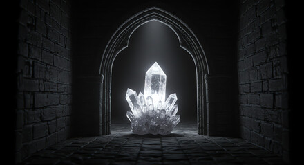 Crystal formation within arched stone doorway