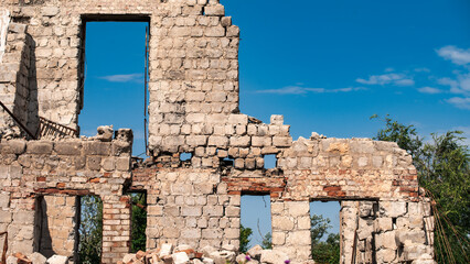 ruined street and destroyed houses in Kiev war in Ukraine