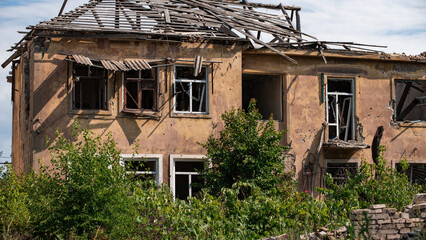 ruined street and destroyed houses in Kiev war in Ukraine
