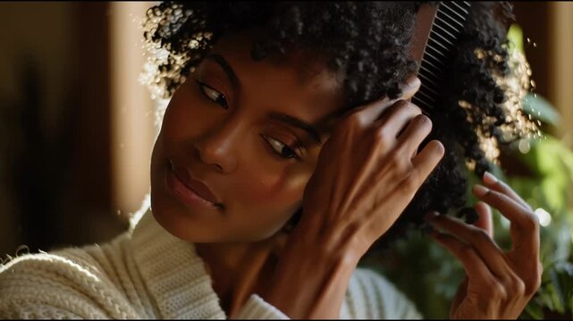 Woman grooming curly hair with a comb while enjoying natural light indoors