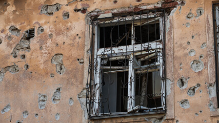 ruined street and destroyed houses in Kiev war in Ukraine