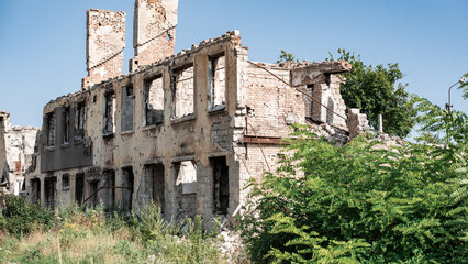 ruined street and destroyed houses in Kiev war in Ukraine