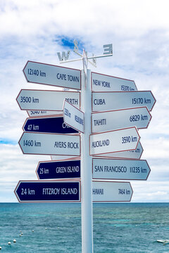 Directional signpost showing distances to global cities