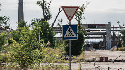 ruined street and destroyed houses in Kiev war in Ukraine