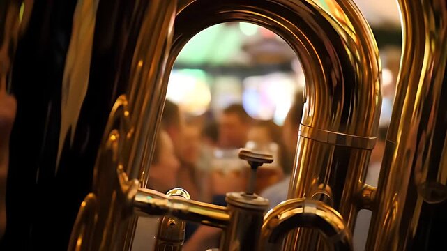 Chaotic beer tent reflected in the gleaming polished bell of a tuba, capturing vibrant festival atmosphere and musical instrument detail.