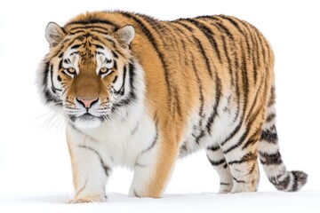 Obraz premium Tiger striding across snow, intense gaze