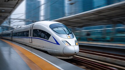 Fototapeta premium Red subway train approaching platform in urban station during cloudy day with large windows showcasing city view