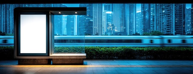 Empty subway station with illuminated advertisement display and modern train design