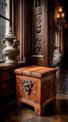 Ornate wooden chest in a stately room