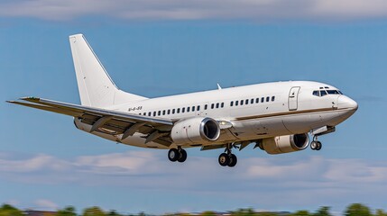 Fototapeta premium Airplane landing at sunset over an open field with a vibrant sky showcasing hues of orange and purple