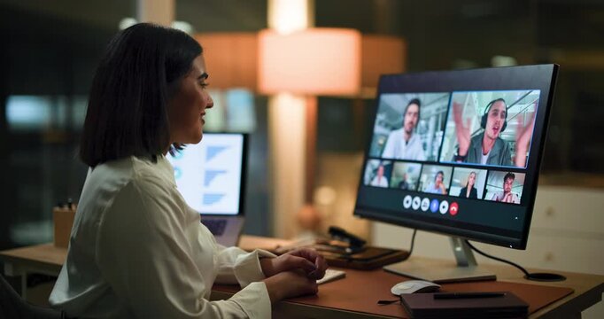 Night, video conference and business woman in office for virtual meeting, discussion and webinar. Computer, corporate and person with team on screen for online seminar, conversation and communication