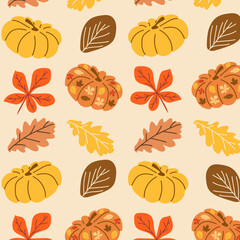 Celebrate Thanksgiving with warm autumn colors, festive harvest elements. A beautiful Thanksgiving greeting card featuring vibrant pumpkins and colorful autumn leaves. Hello Autumn. 