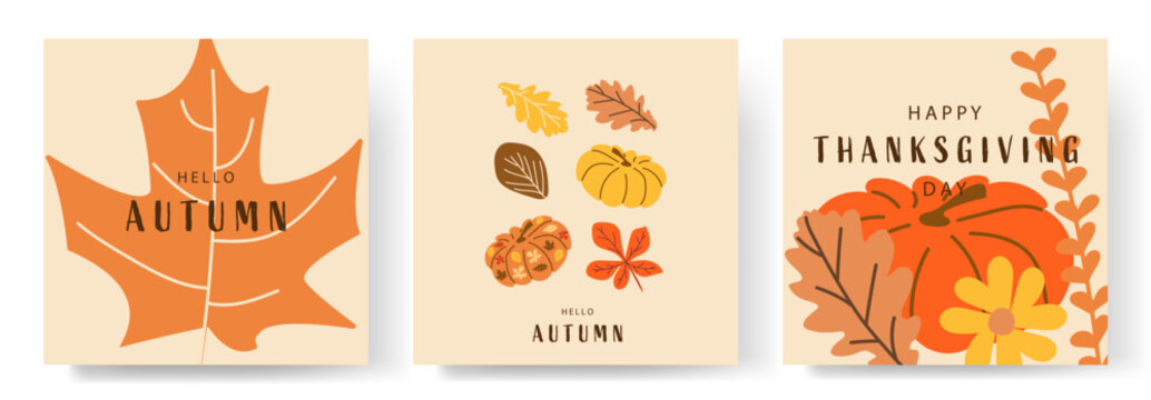Celebrate Thanksgiving with warm autumn colors, festive harvest elements. A beautiful Thanksgiving greeting card featuring vibrant pumpkins and colorful autumn leaves. Hello Autumn. 