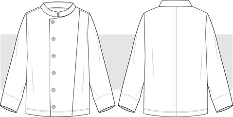 Professional chef jacket, chef uniform technical drawing, illustration. Restaurant staff suit vector. Front and back view, CAD, Mockup set.