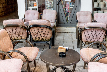 Restaurant coffee shop cafe open air terrace, cityscape Cetinje city Montenegro