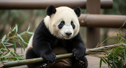 Obraz premium An endearing giant panda, a symbol of wildlife conservation, sits peacefully outdoors, gently holding bamboo, displaying its iconic black and white fur