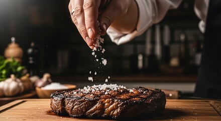 Professional chef sprinkling sea salt over grilled steak, cinematic rustic kitchen background, food photography for gourmet cooking ads