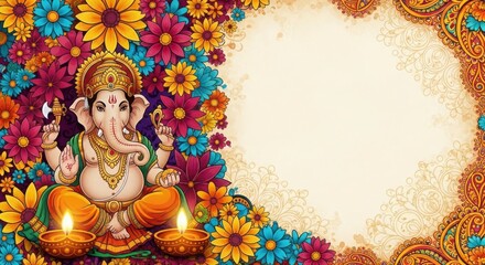 Obraz premium Ganesha surrounded by vibrant flowers and ornate borders
