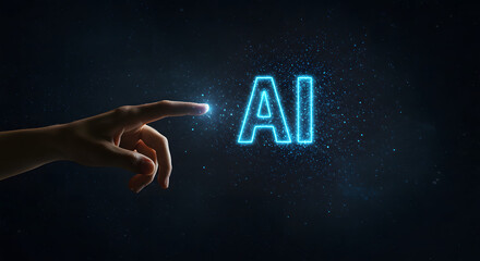 Human finger touches glowing blue ai symbol on dark background